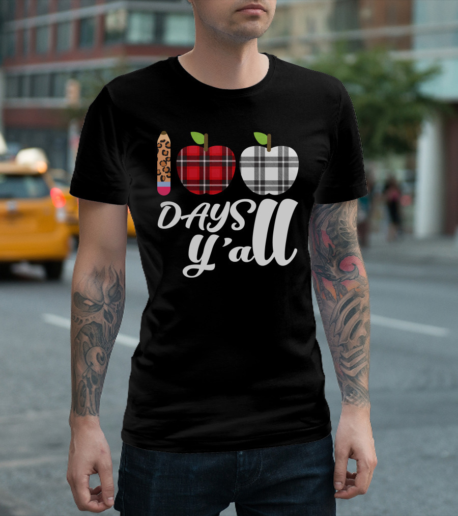 Buffalo Plaid Leopard Pencil 100 Days Y'all Apples T-Shirt