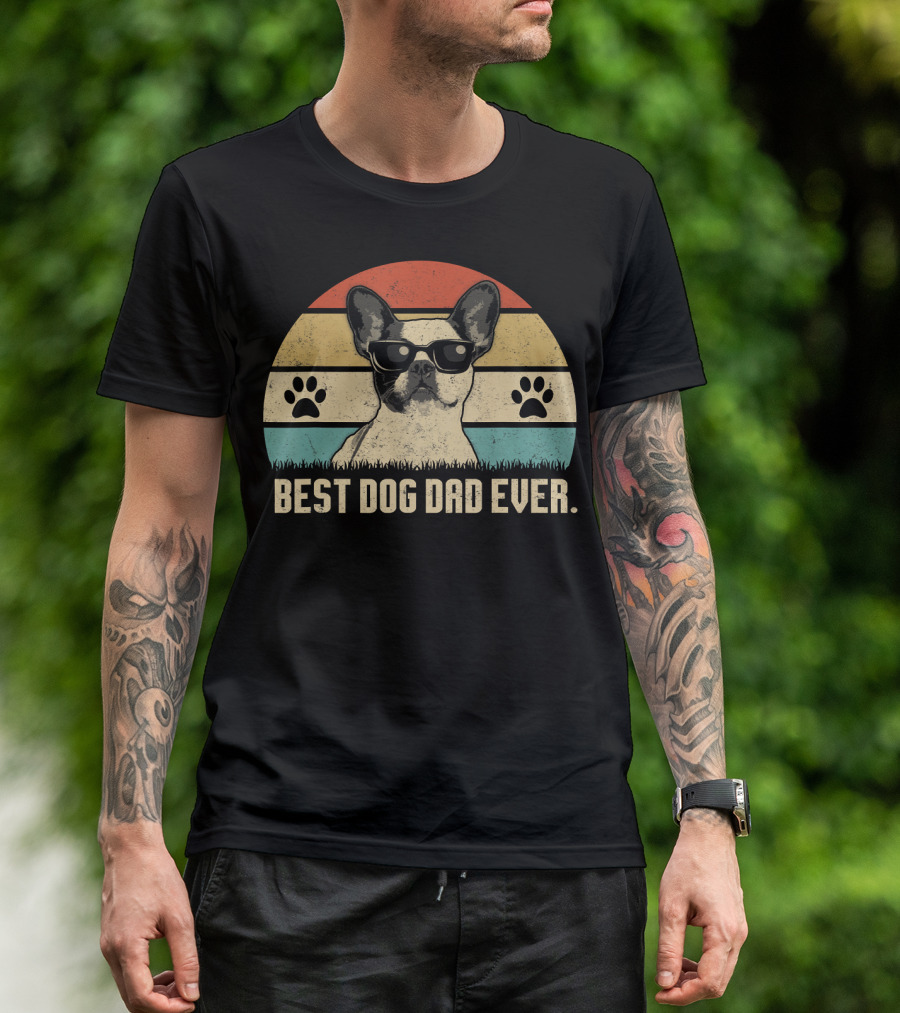 Vintage Best Dog Dad Ever French Bulldog Retro Style Sunglasses Paw Prints T-Shirt