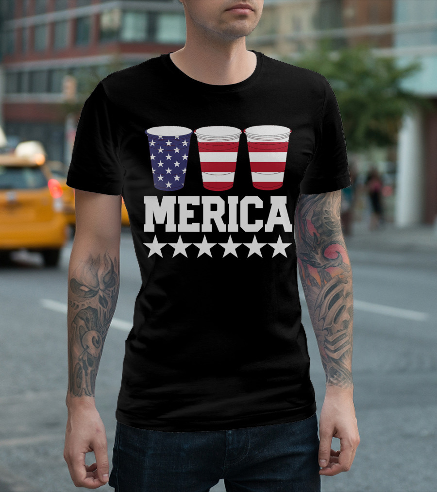 MERICA American Flag July 4th Beer Pong Cups Stars T-Shirt