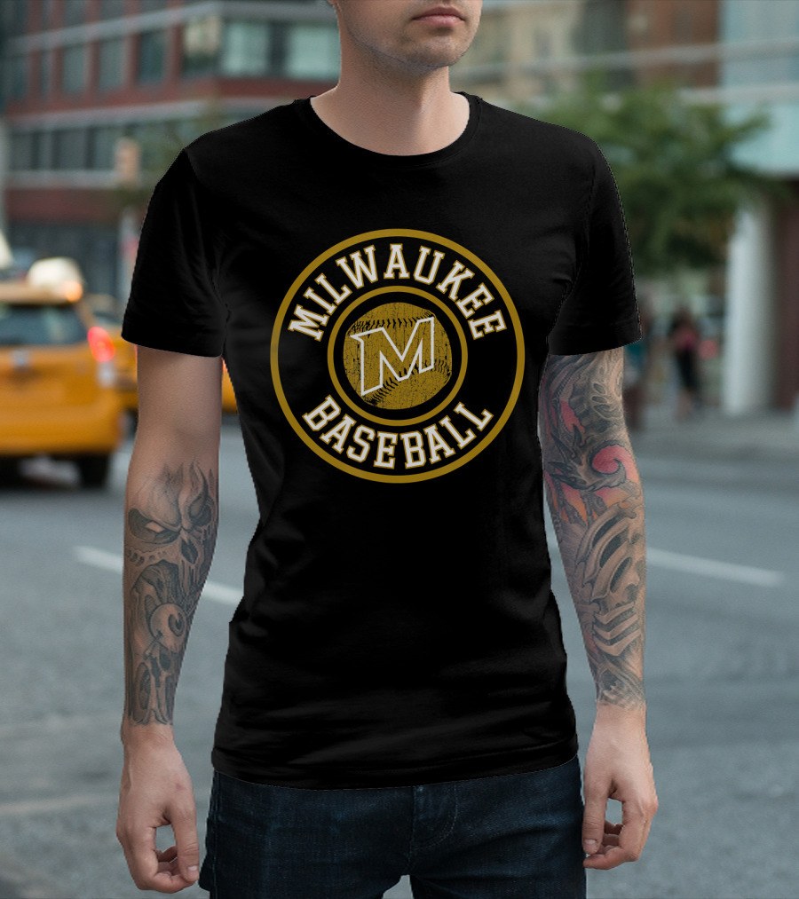 Milwaukee Baseball Vintage Style Circle Logo with M and Baseball Texture T-Shirt