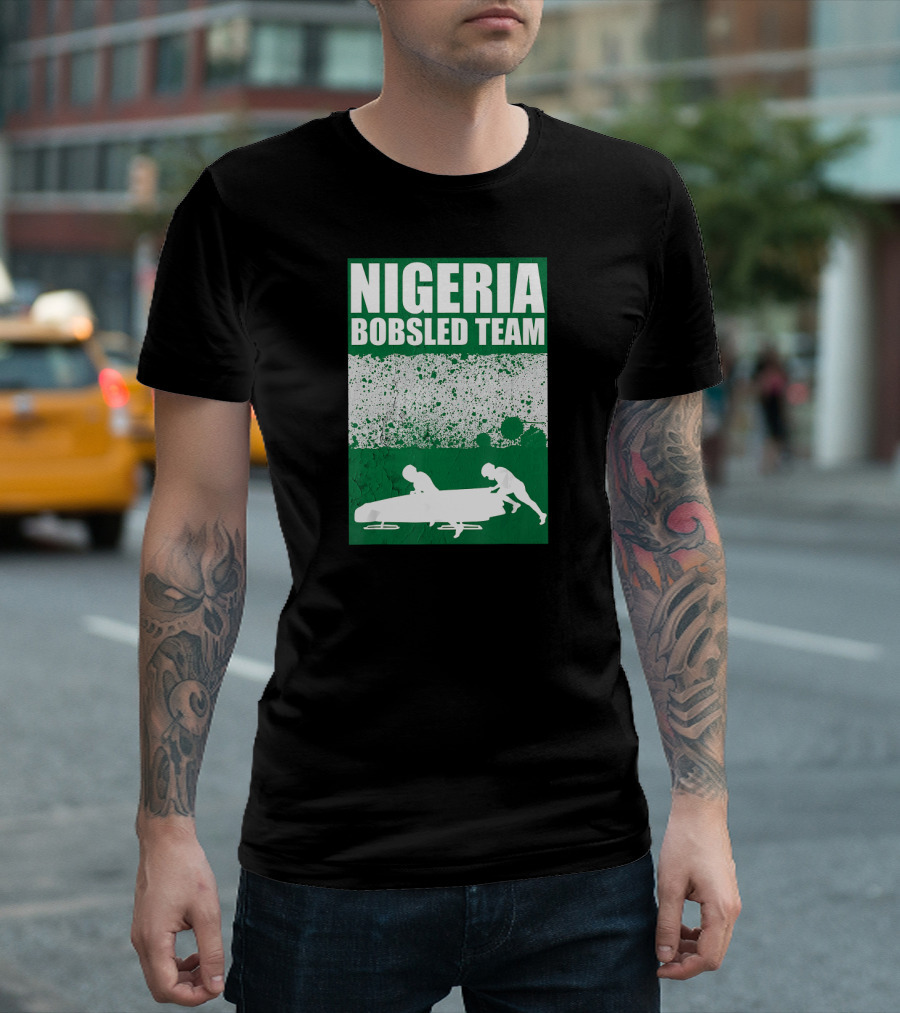 Nigeria Bobsled Team Sledding Silhouette with Painted Flag Background T-Shirt