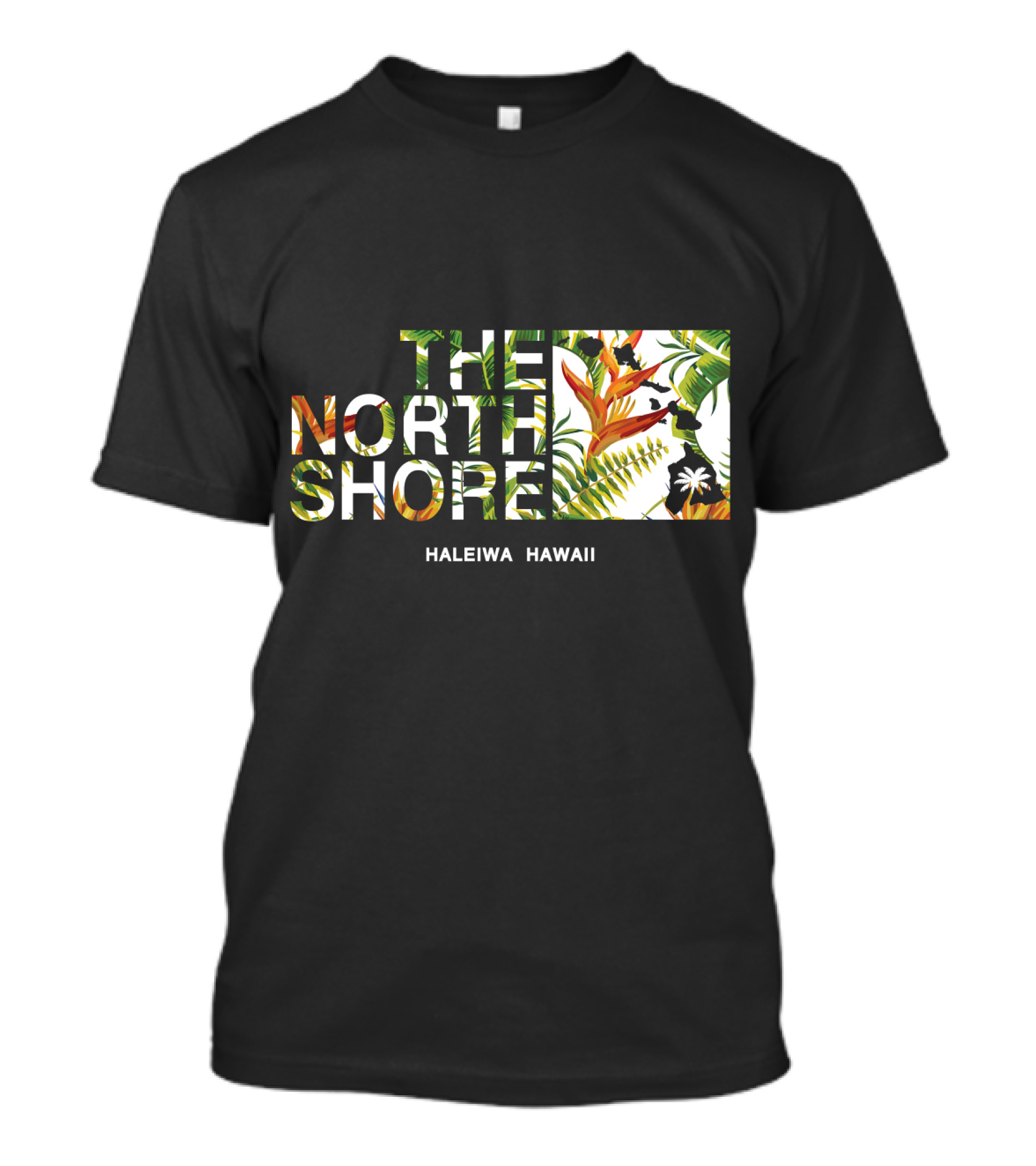 The North Shore Haleiwa Hawaii Tropical Bird Of Paradise Ferns And Palm Map T-Shirt