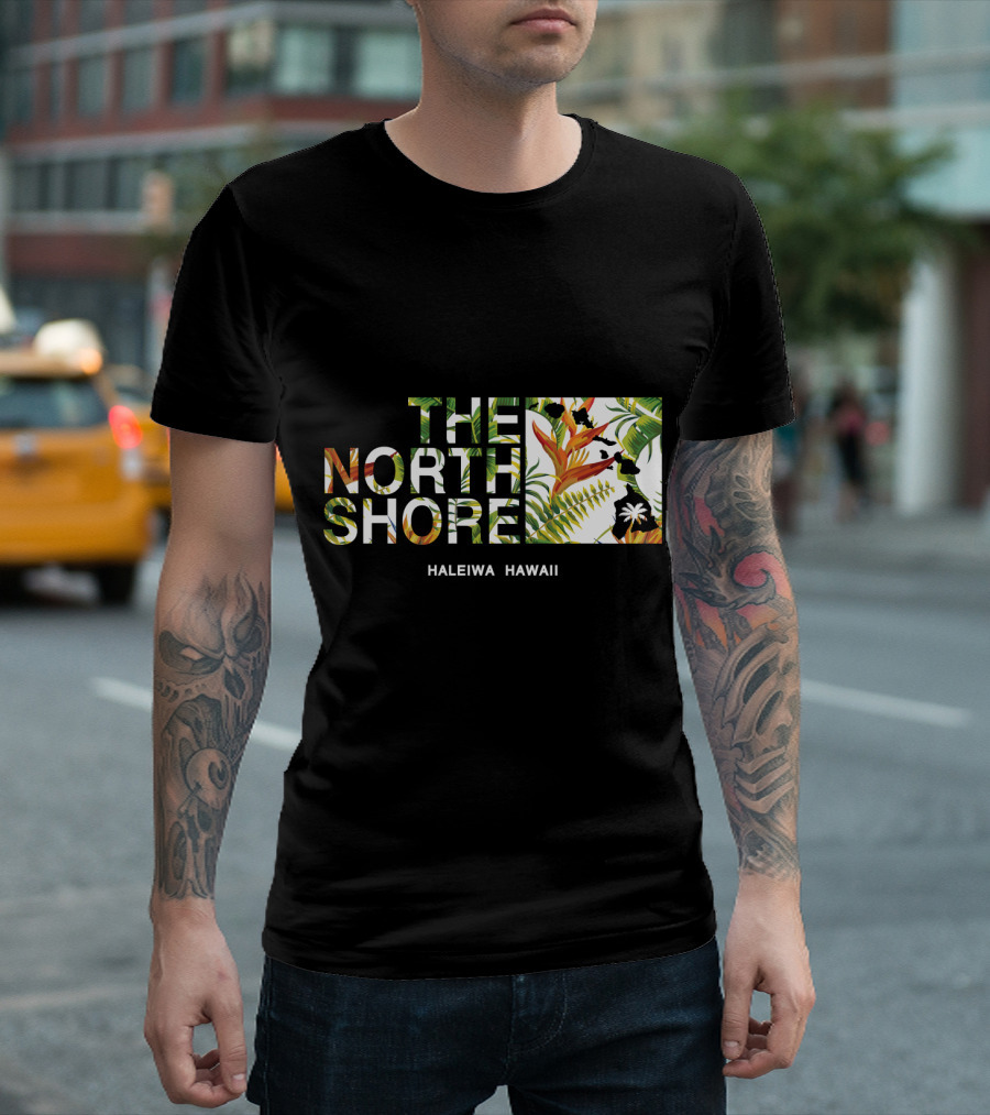 The North Shore Haleiwa Hawaii Tropical Bird Of Paradise Ferns And Palm Map T-Shirt