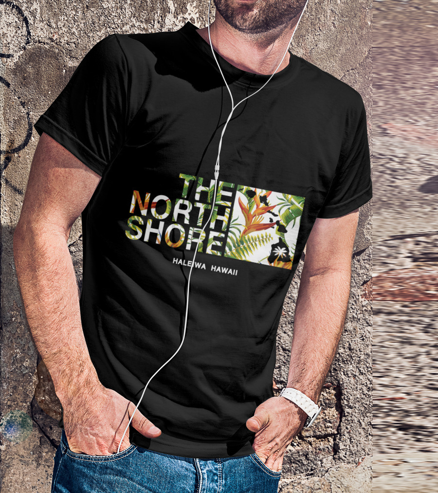 The North Shore Haleiwa Hawaii Tropical Bird Of Paradise Ferns And Palm Map T-Shirt