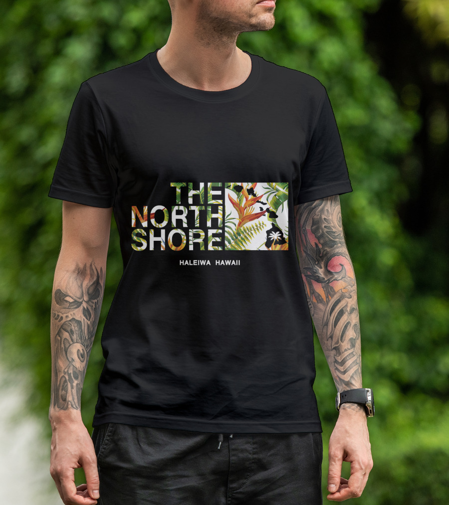 The North Shore Haleiwa Hawaii Tropical Bird Of Paradise Ferns And Palm Map T-Shirt