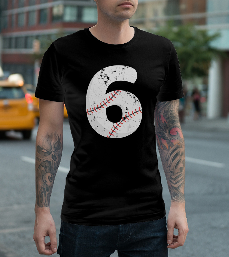 Number 6 Vintage Distressed Baseball Stitching T-Shirt