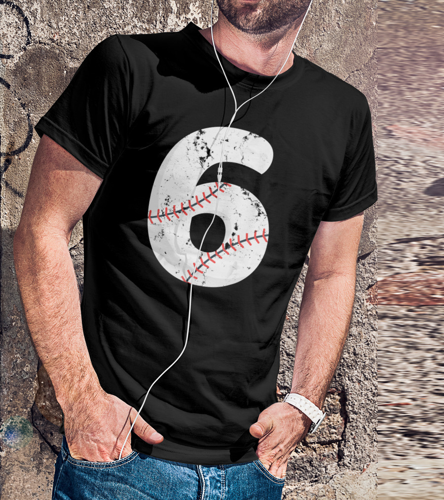 Number 6 Vintage Distressed Baseball Stitching T-Shirt
