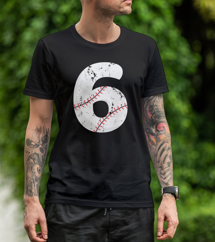 Number 6 Vintage Distressed Baseball Stitching T-Shirt