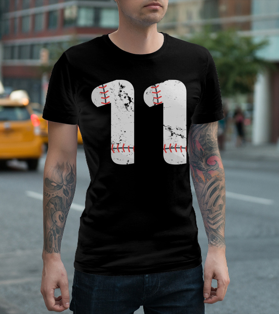 Number 11 Baseball Vintage Distressed Design with Stitching T-Shirt