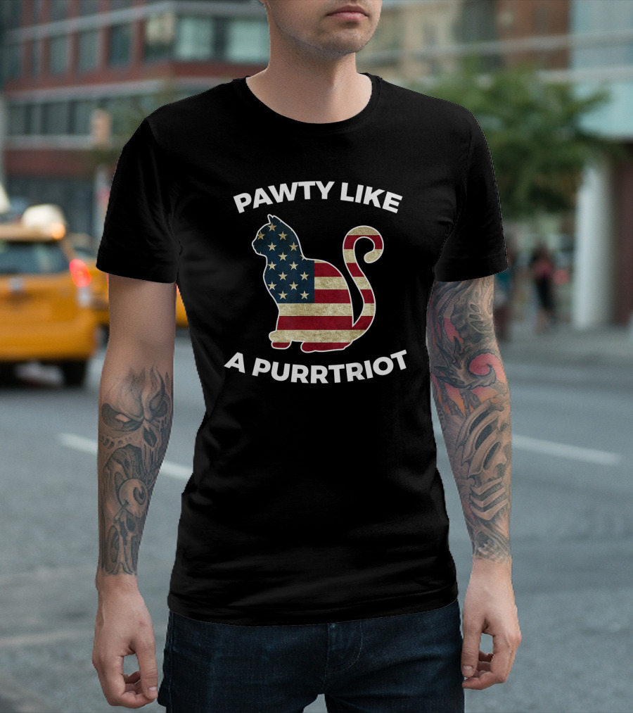 Pawty Like A Purrtriot American Flag Cat Lover T-Shirt