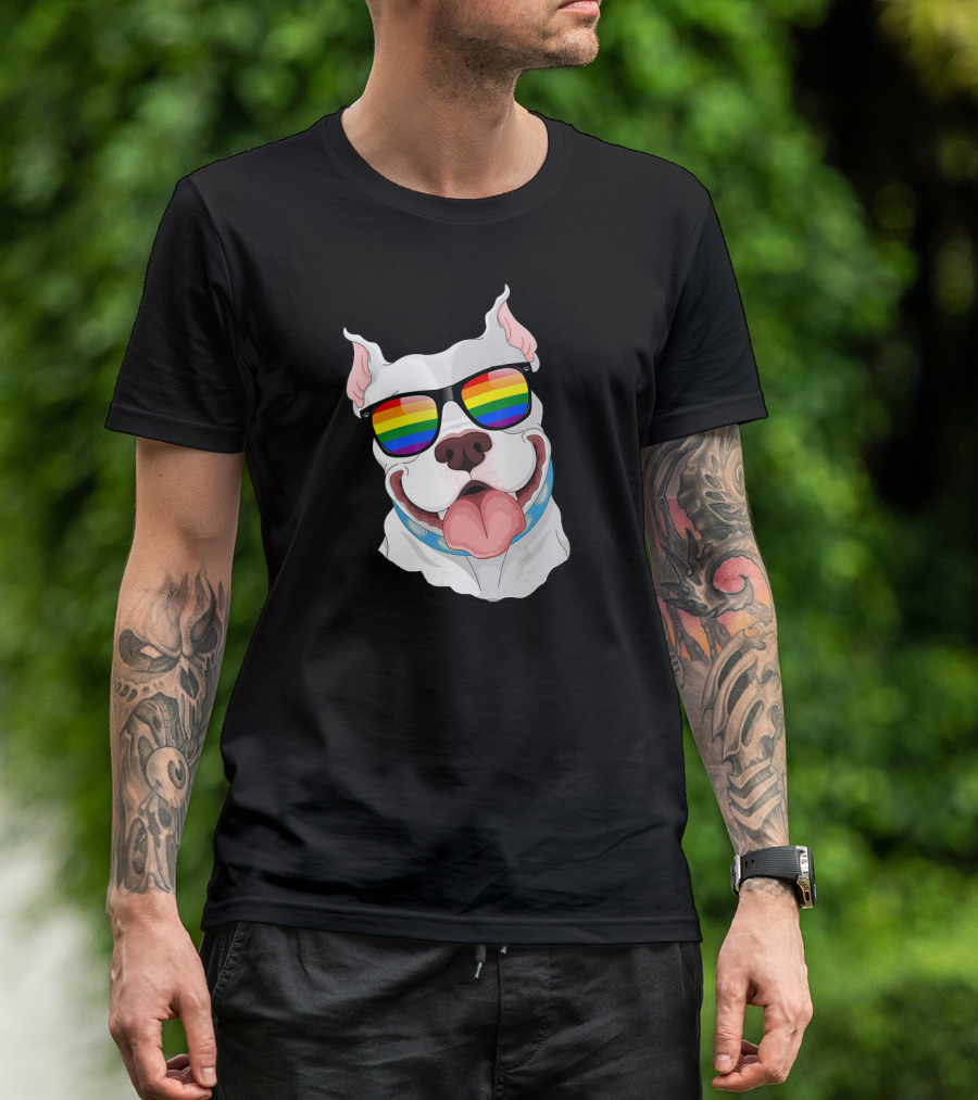 Pitbull Rainbow Sunglasses Gay Pride LGB T-Shirt
