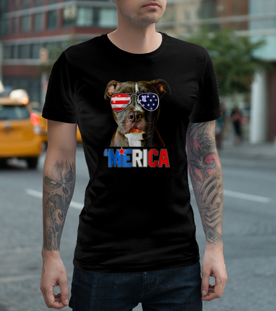 'Merica Pitbull With American Flag Sunglasses Memorial Day Patriotic T-Shirt