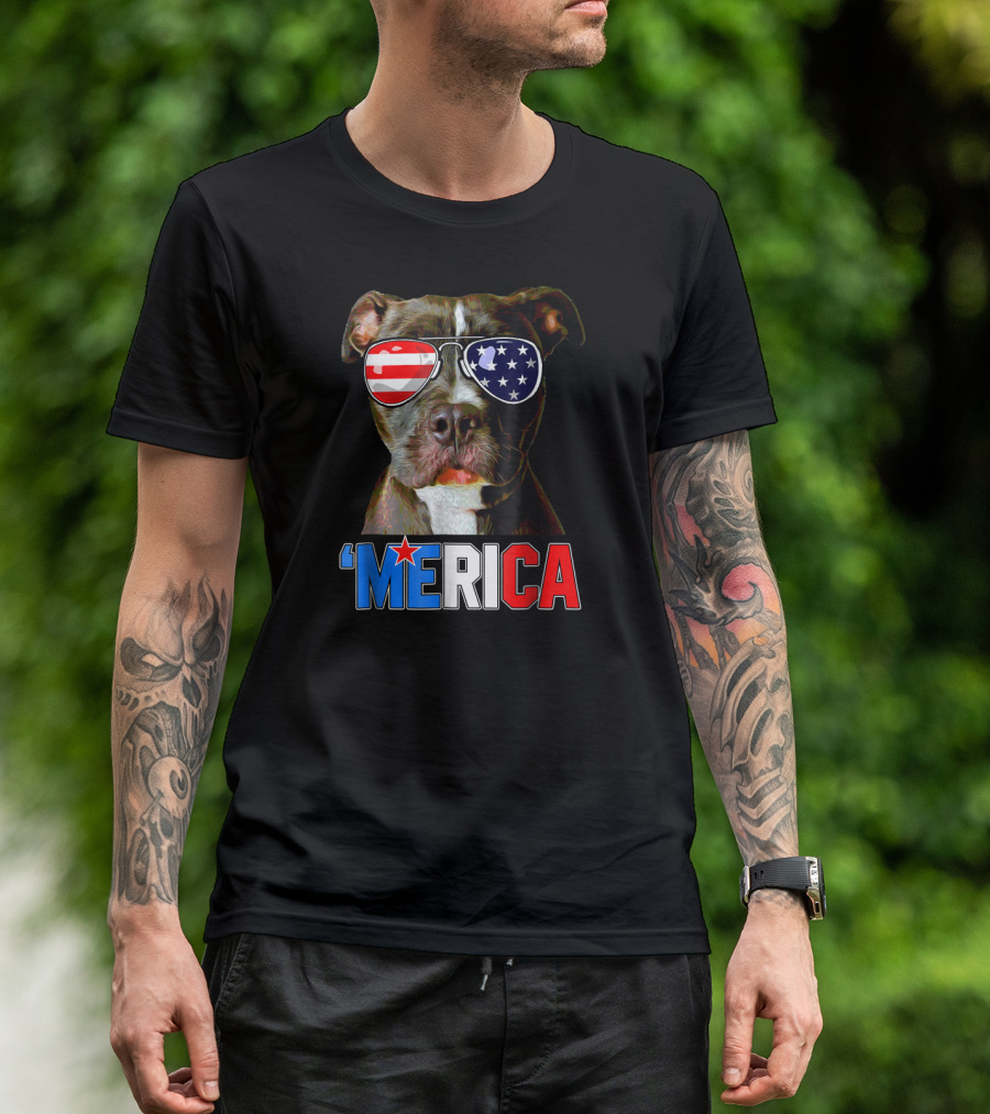 'Merica Pitbull With American Flag Sunglasses Memorial Day Patriotic T-Shirt