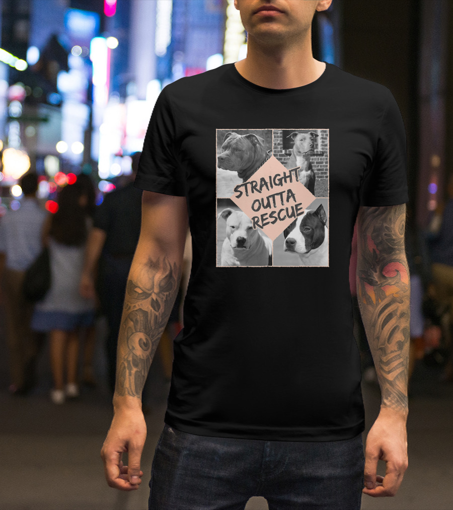 Pitbull Straight Outta Rescue Black And White Photos T-Shirt