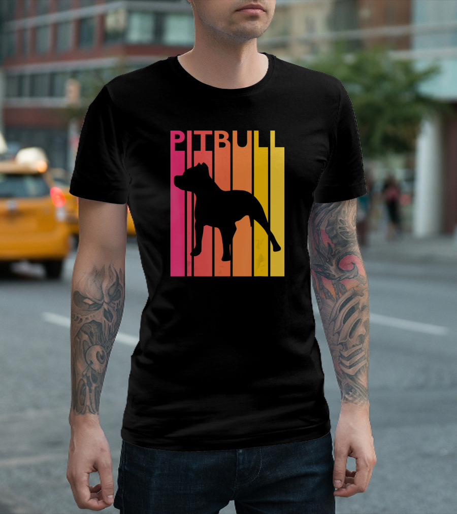 Pitbull Vintage Dog Silhouette Retro Stripes T-Shirt