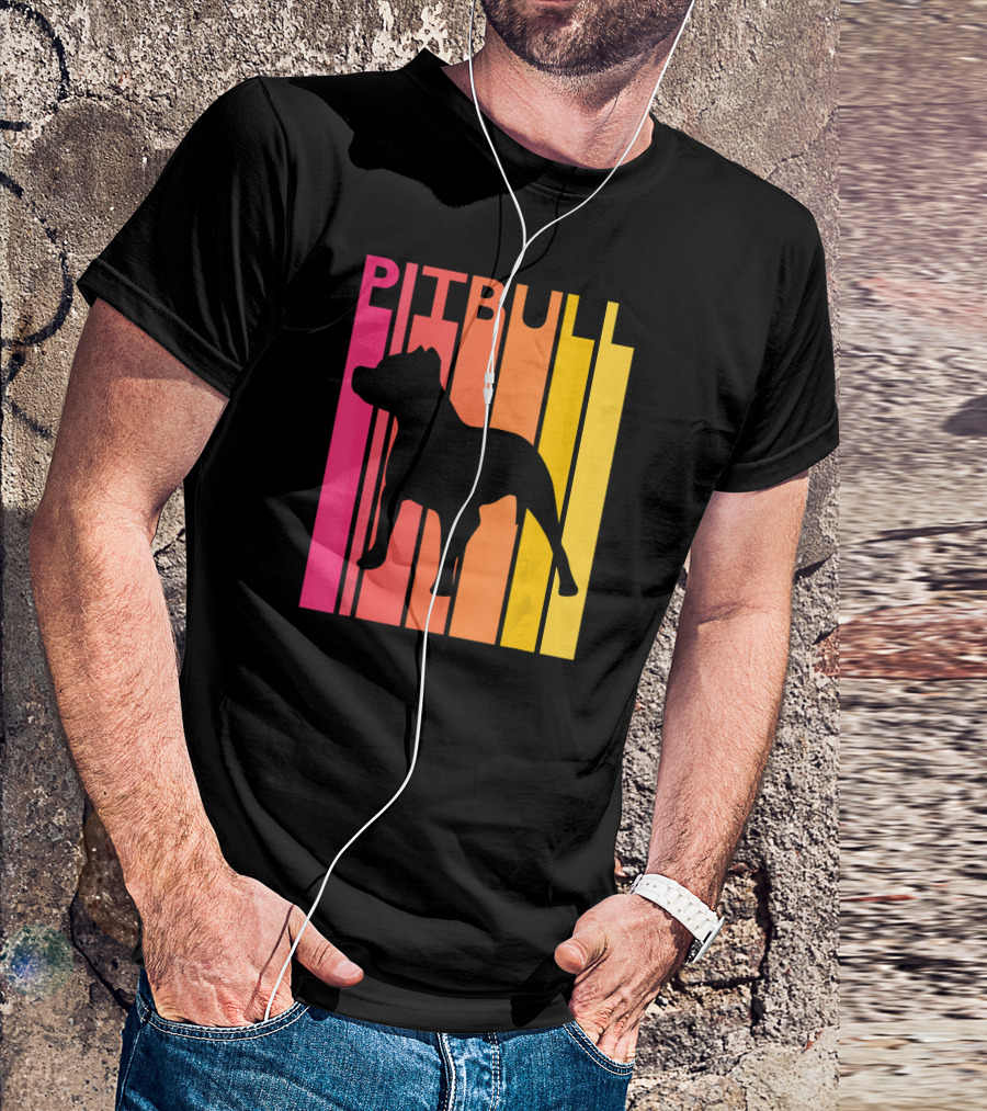 Pitbull Vintage Dog Silhouette Retro Stripes T-Shirt