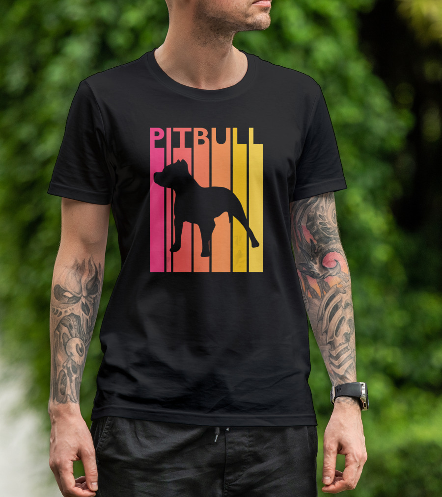 Pitbull Vintage Dog Silhouette Retro Stripes T-Shirt