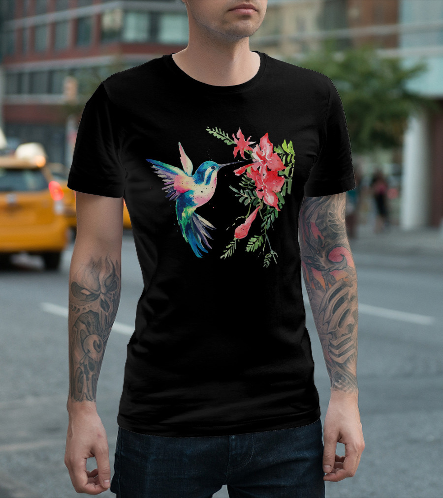 Funny Bird Love Rainbow Color Hummingbird with Floral Blooms T-Shirt