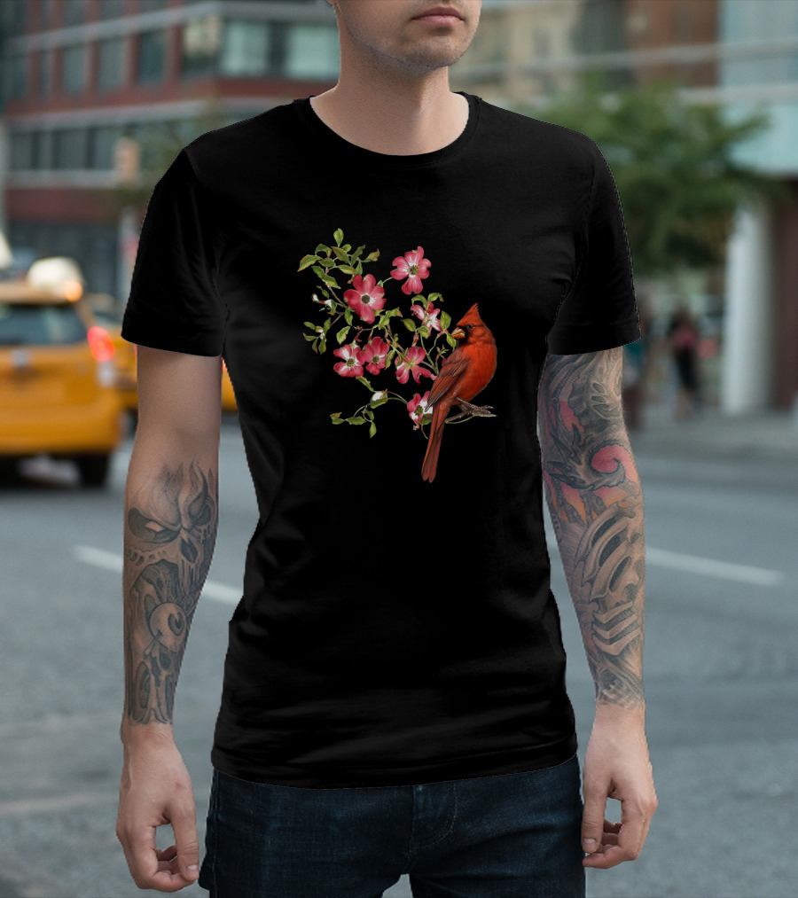 Red Cardinal Bird and Pink Flowering Dogwood Blossoms T-Shirt