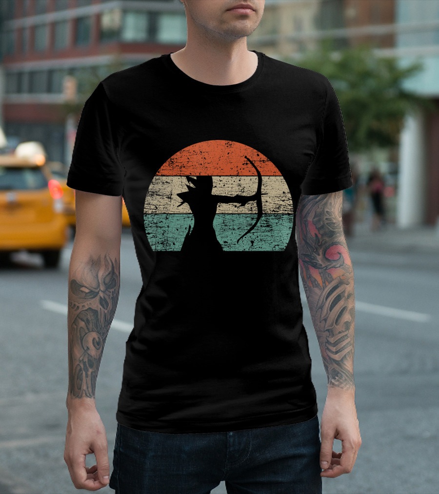 Retro Vintage Archery Archer Silhouette In Distressed Sunset Circle T-Shirt