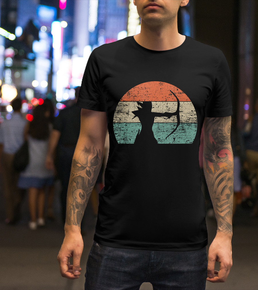 Retro Vintage Archery Archer Silhouette In Distressed Sunset Circle T-Shirt
