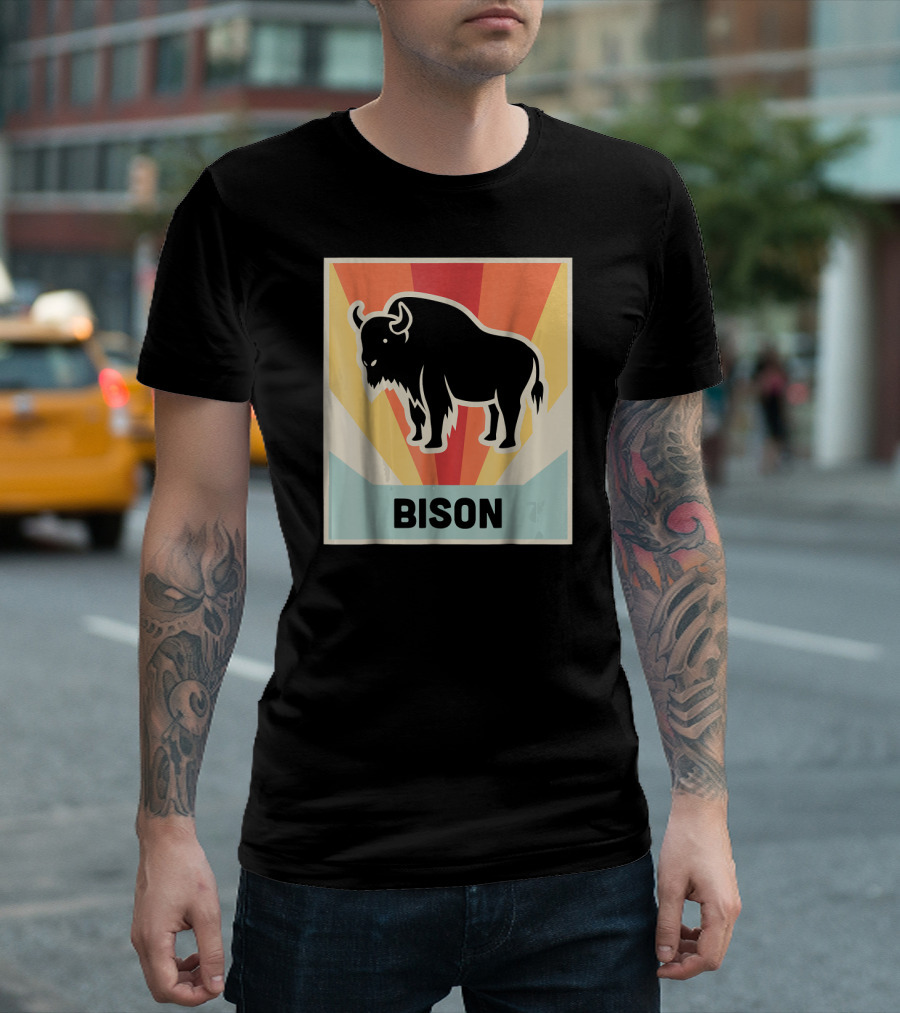 Retro Vintage BISON Silhouette with Colorful Sunburst Background T-Shirt