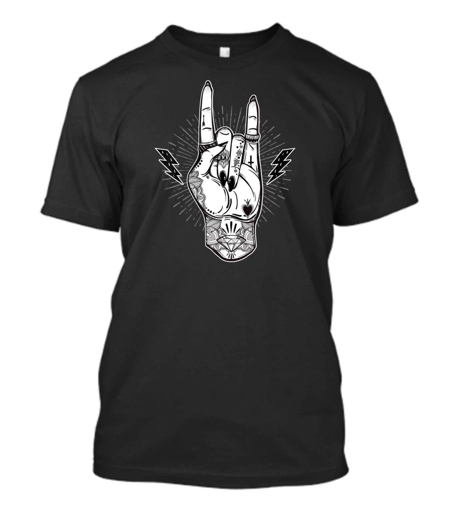 Rock And Roll Festival Hand Gesture With Lightning Bolts And Tattoos T-Shirt