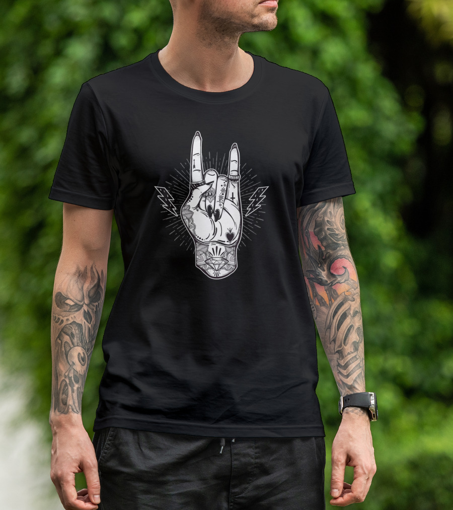 Rock And Roll Festival Hand Gesture With Lightning Bolts And Tattoos T-Shirt
