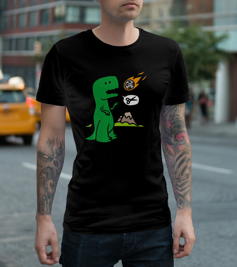 Rock Paper Scissors Rex Funny Dinosaur with Meteor and Scissors Scene T-Shirt