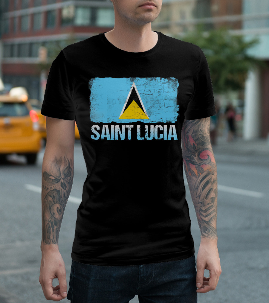Saint Lucia Flag Distressed Blue and Yellow Triangles T-Shirt