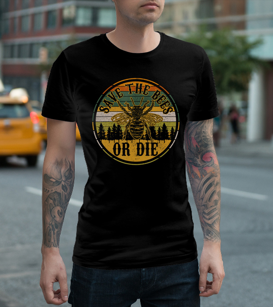 Save The Bees Or Die Vintage Forest Bee Iconic Retro Stripes T-Shirt