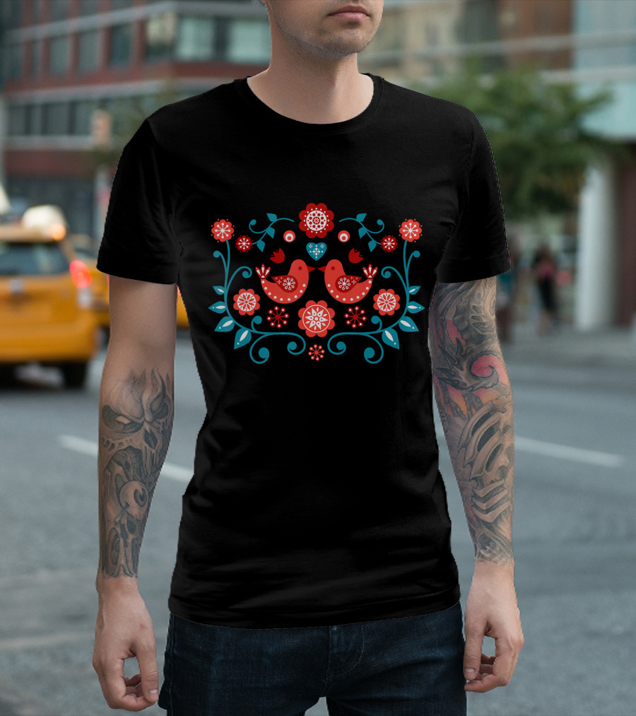 Scandinavian Folk Art Bird Floral T-Shirt