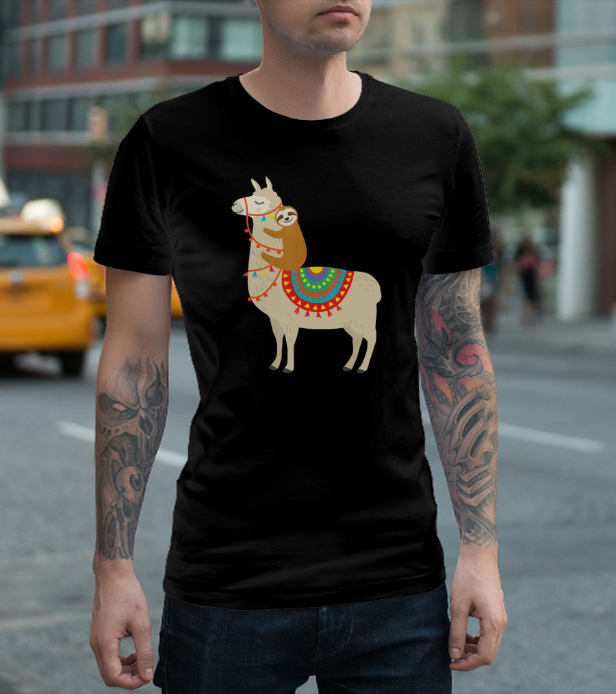 Sloth Hugging Llama With Colorful Blanket Valentines Day T-Shirt
