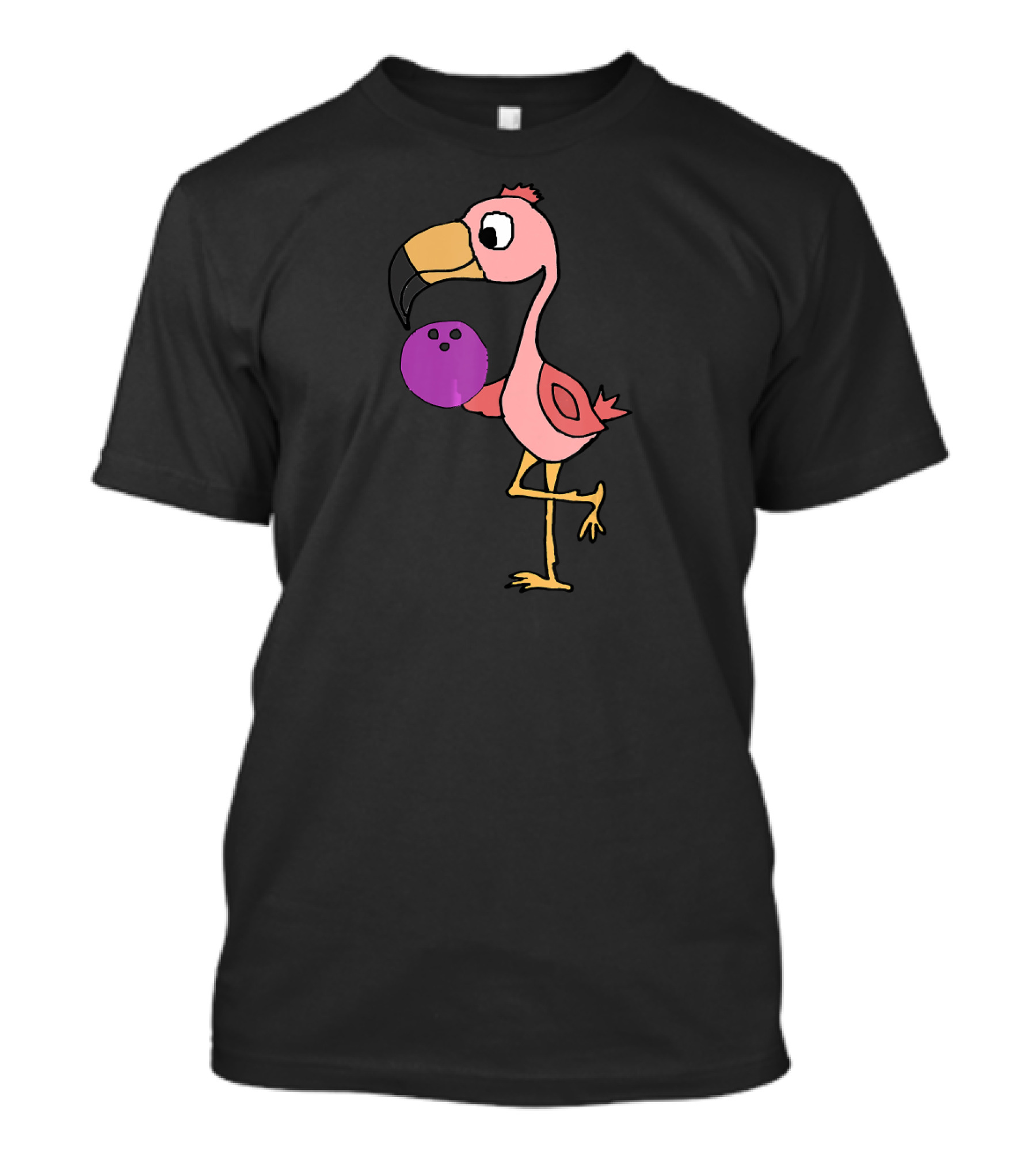 Smilemoretees Funny Pink Flamingo Holding Purple Bowling Ball T-Shirt