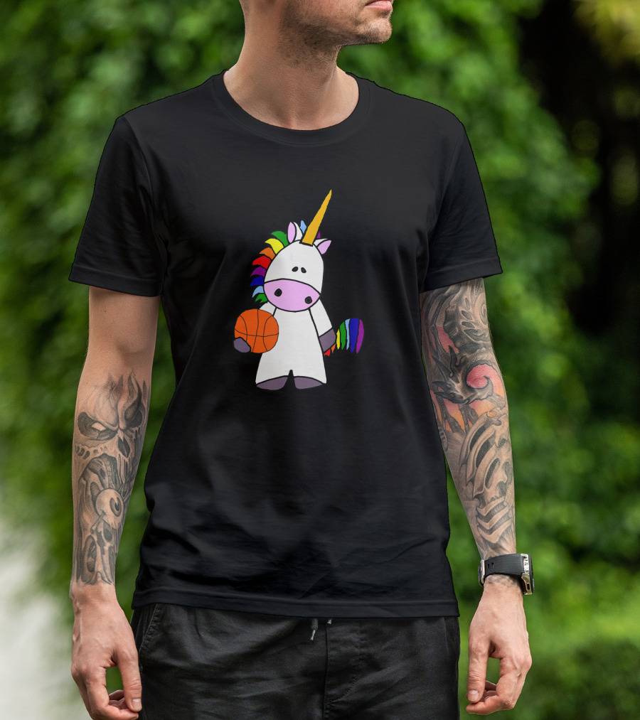SmileteesAnim Funny Unicorn Playing Basketball With Rainbow Mane T-Shirt