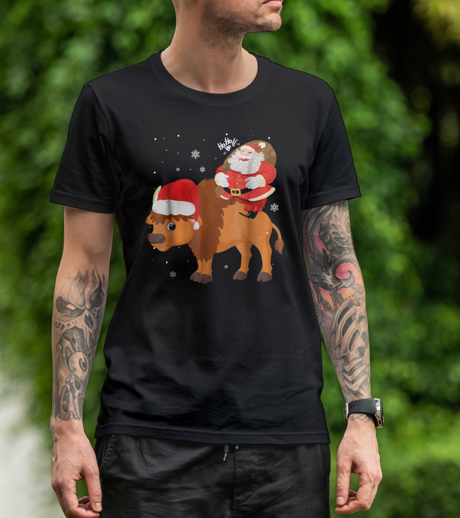 Christmas Santa Riding Bison Ho Ho Ho Xmas For Bo T-Shirt