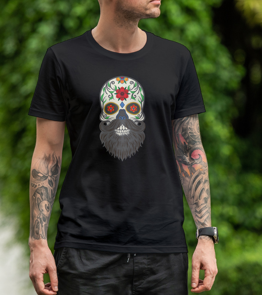 Cinco De Mayo Day Of The Dead Black Beard Sugar Skull Floral T-Shirt
