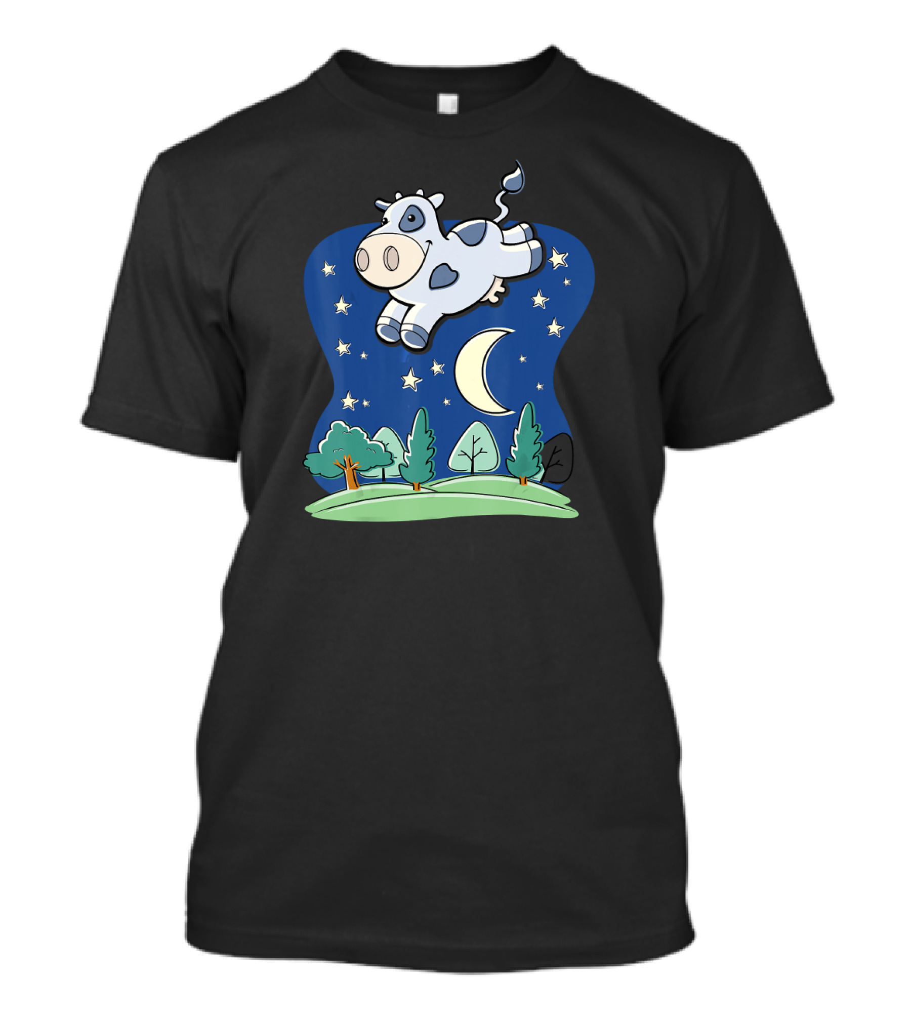 Cow Jumping Over The Moon Cartoon Night Sky Scene T-Shirt