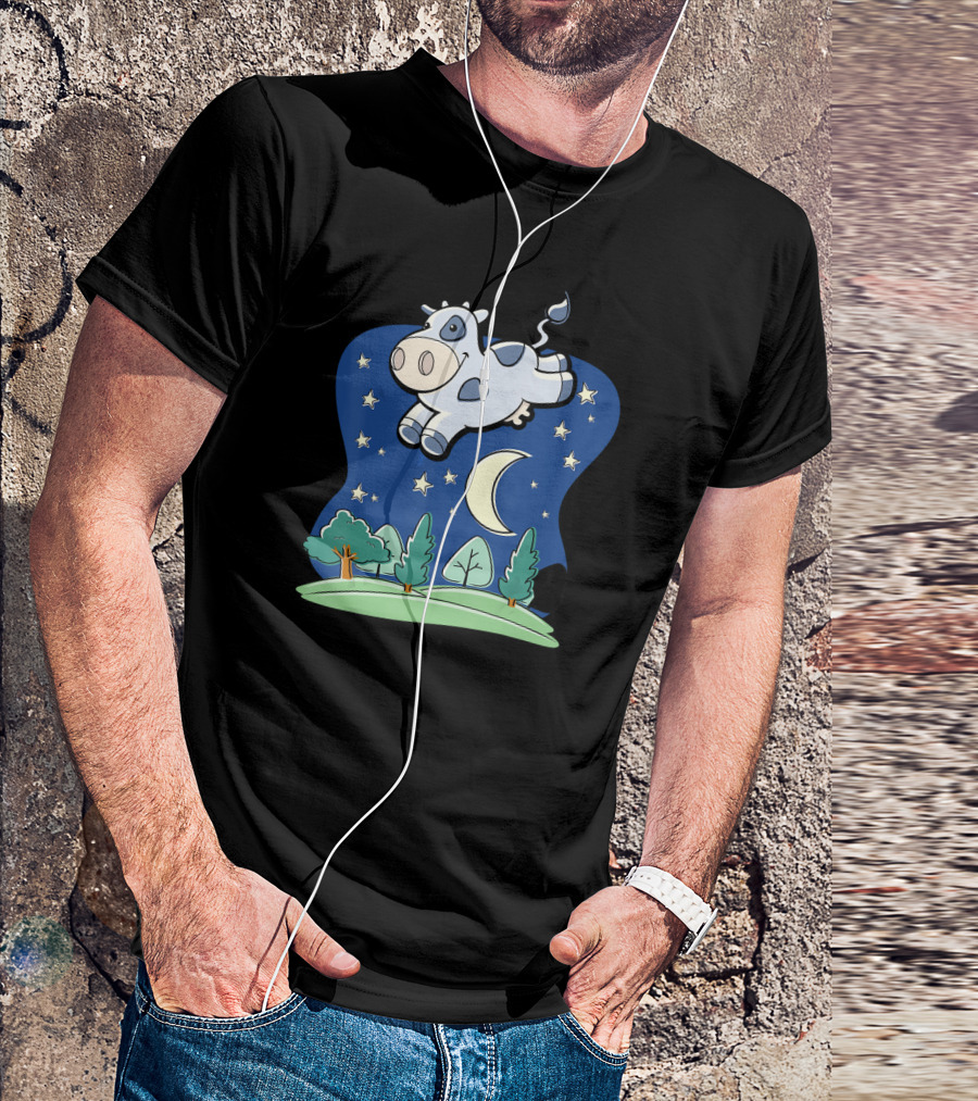 Cow Jumping Over The Moon Cartoon Night Sky Scene T-Shirt