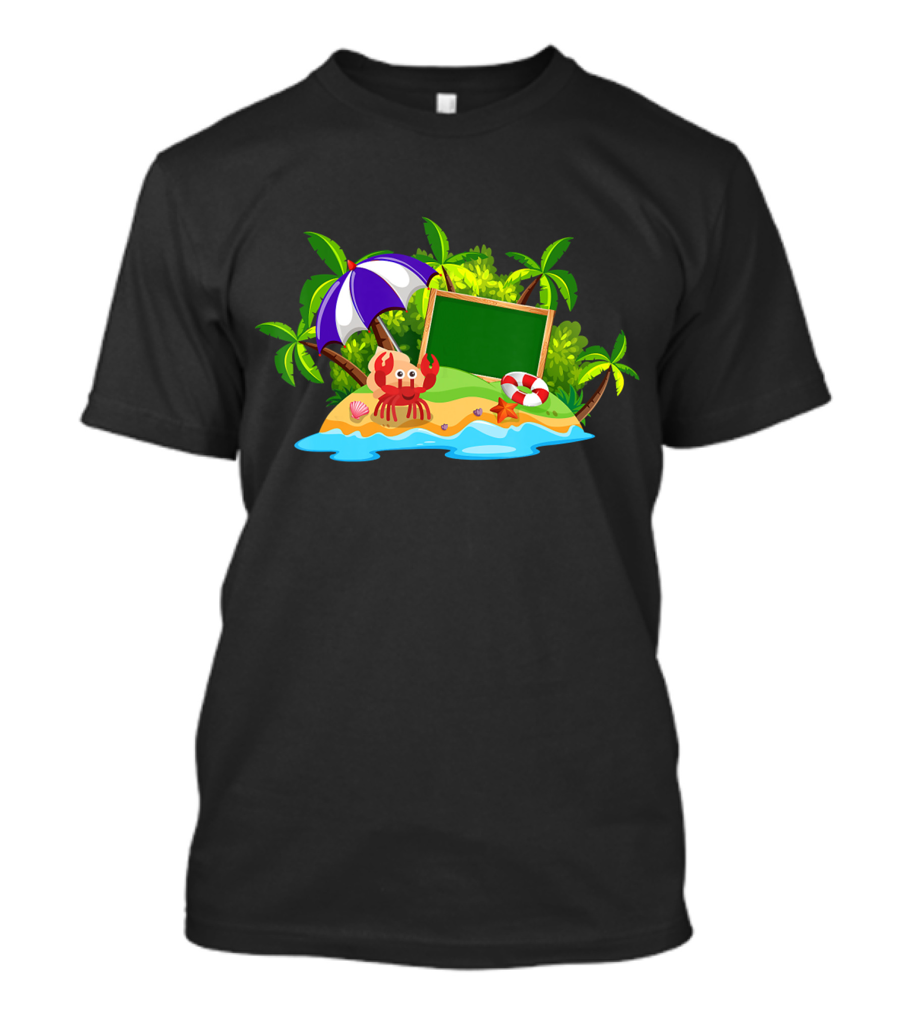 Crabs Playing Island Paradise Beach Fun With Starfish And Umbrella T-Shirt