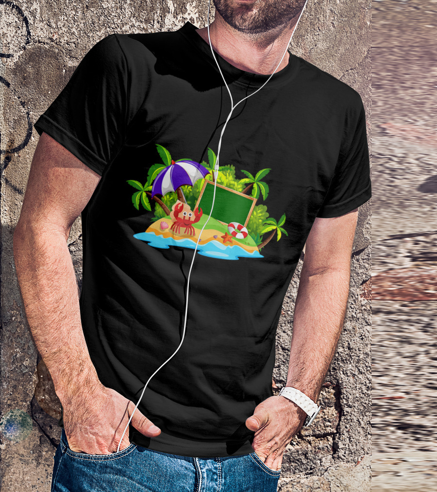 Crabs Playing Island Paradise Beach Fun With Starfish And Umbrella T-Shirt