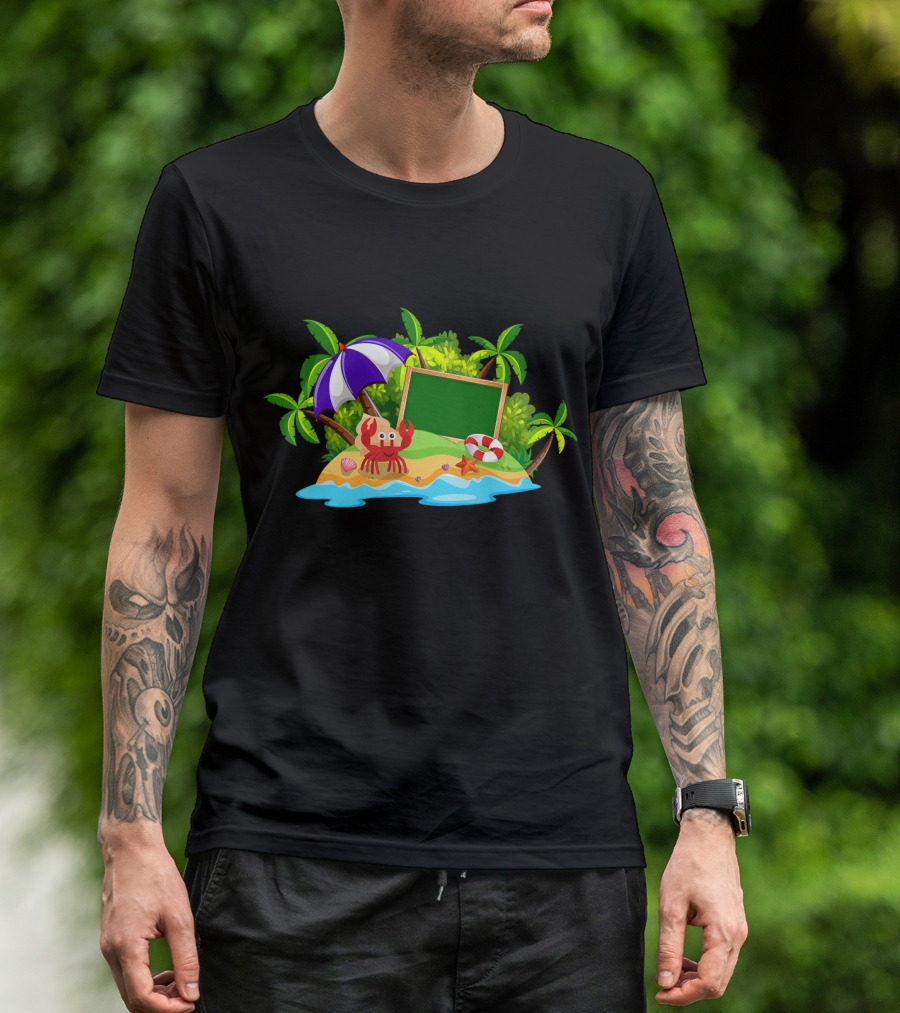 Crabs Playing Island Paradise Beach Fun With Starfish And Umbrella T-Shirt