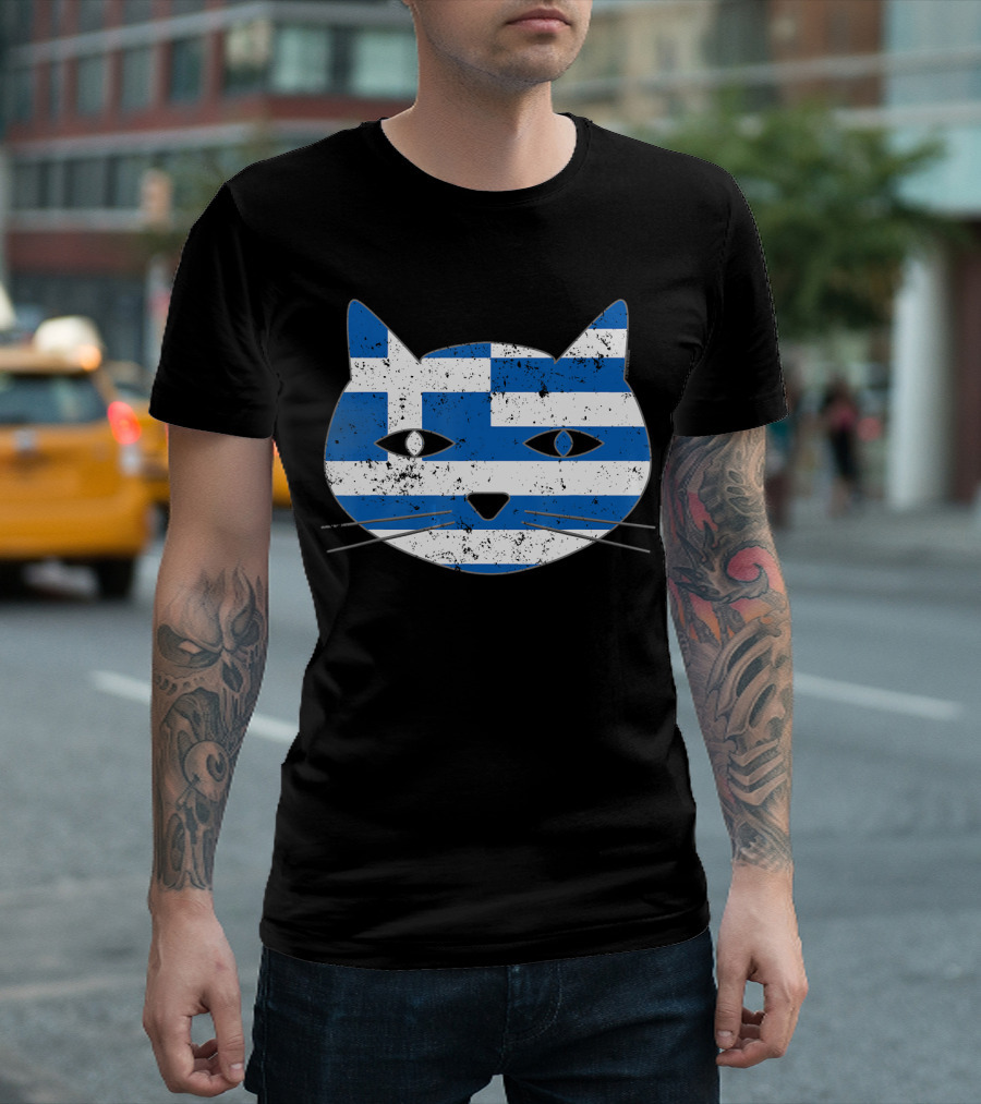 Cute Cat Head Greece Flag Cat Lover Greece T-Shirt