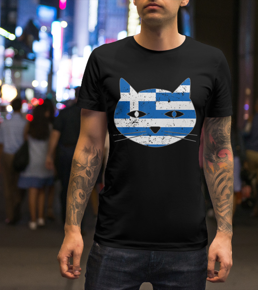 Cute Cat Head Greece Flag Cat Lover Greece T-Shirt