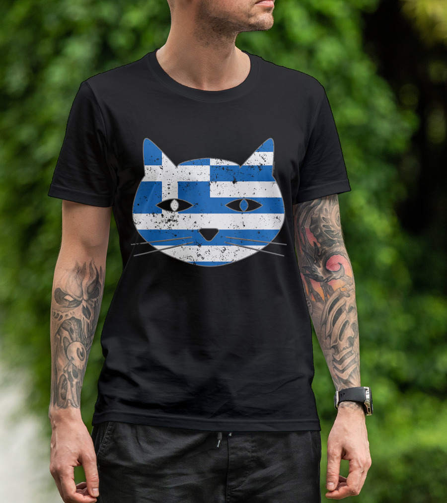 Cute Cat Head Greece Flag Cat Lover Greece T-Shirt