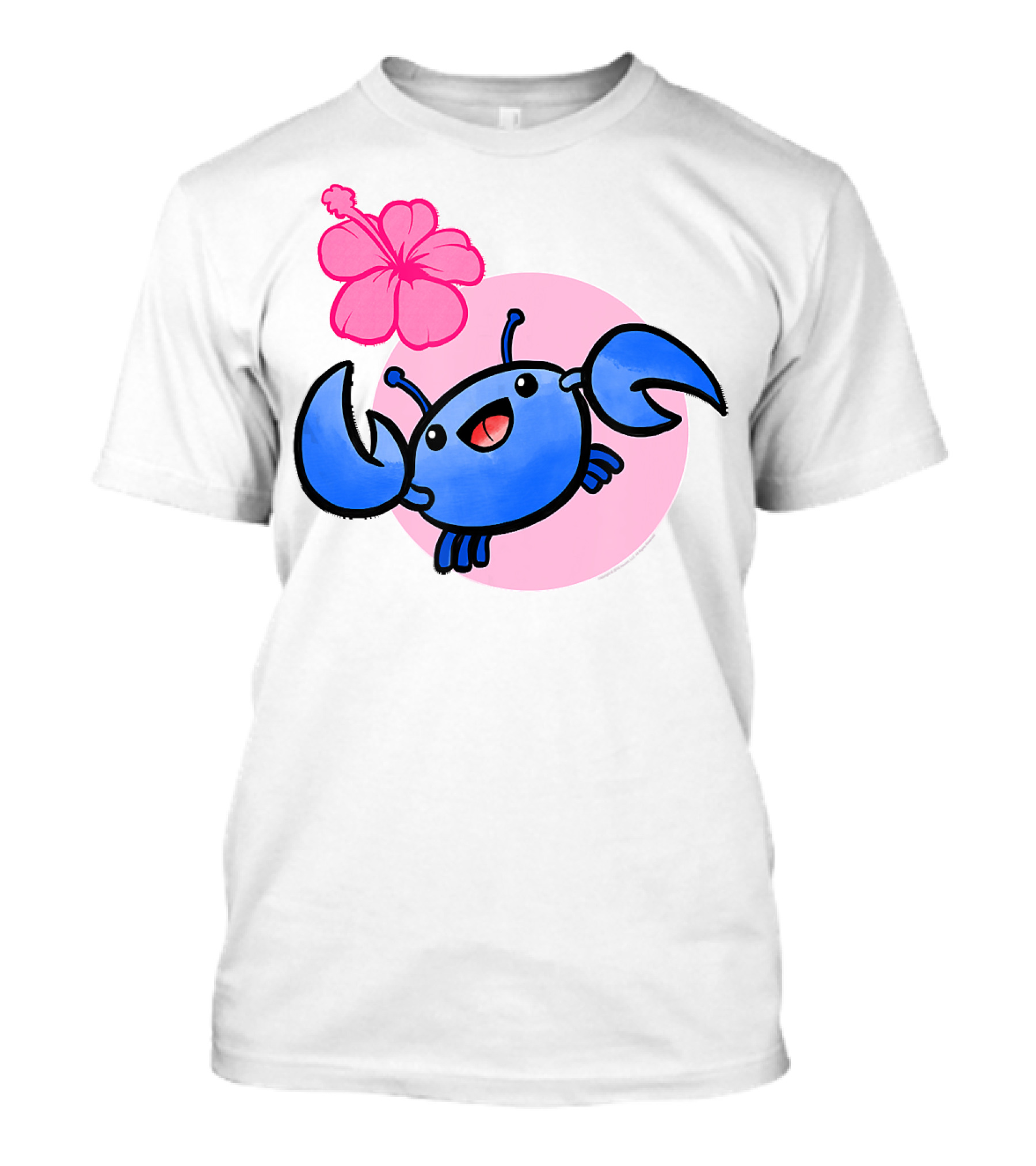 Kawaii Ocean Blue Crab With Hibiscus Blossom And Pink Circle Background T-Shirt