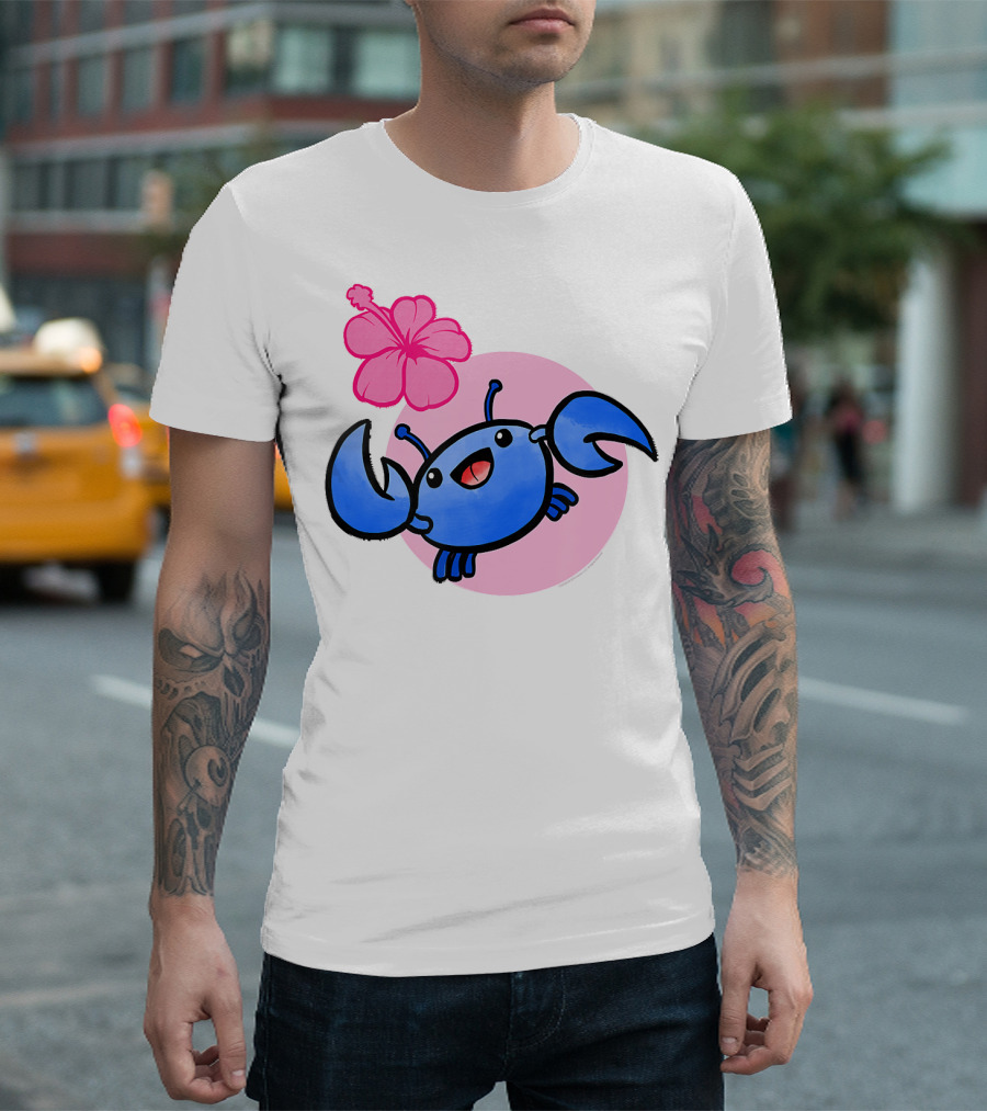 Kawaii Ocean Blue Crab With Hibiscus Blossom And Pink Circle Background T-Shirt