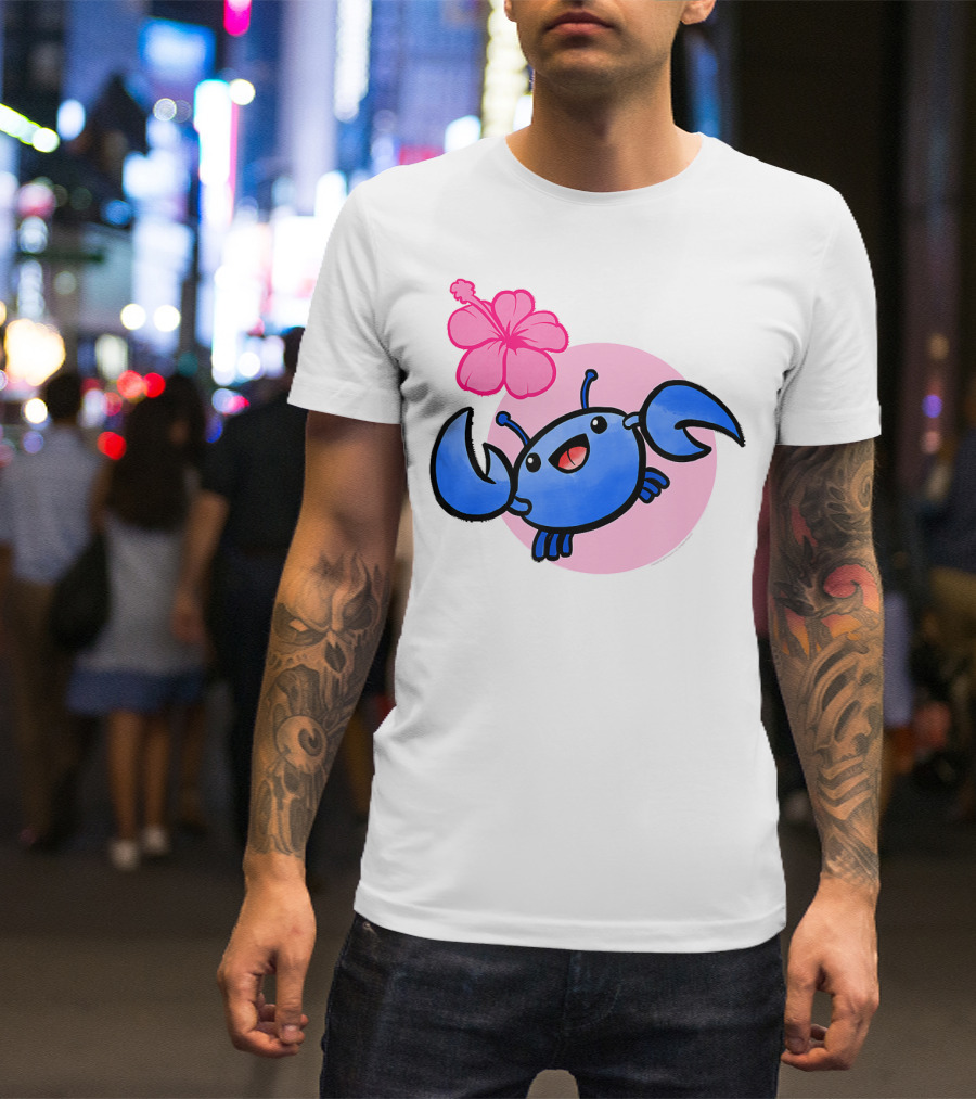 Kawaii Ocean Blue Crab With Hibiscus Blossom And Pink Circle Background T-Shirt
