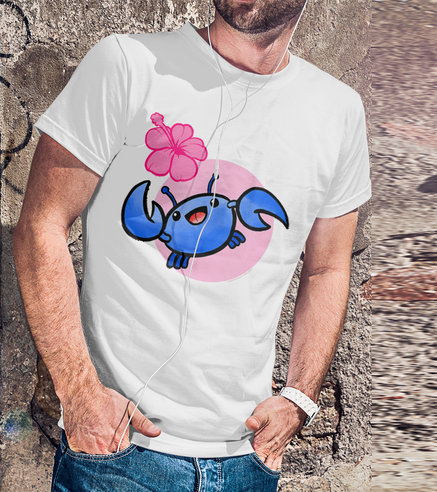 Kawaii Ocean Blue Crab With Hibiscus Blossom And Pink Circle Background T-Shirt
