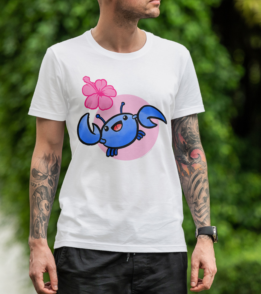 Kawaii Ocean Blue Crab With Hibiscus Blossom And Pink Circle Background T-Shirt
